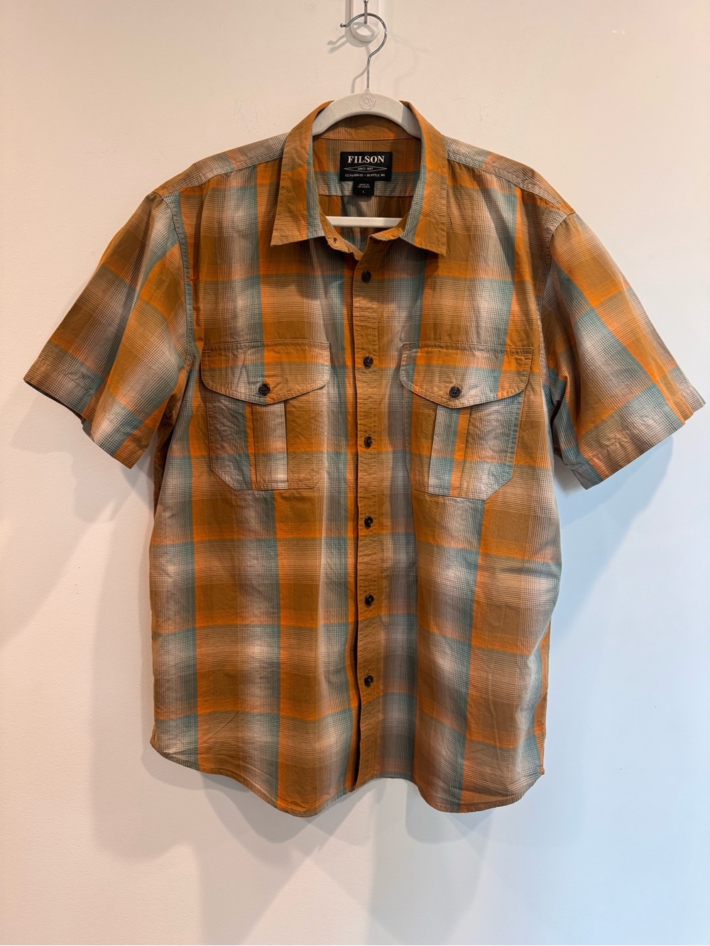 Filson 🌱 Men's Washed SS Feather Cloth Shirt Dark Gold Pine Plaid 100% Cotton